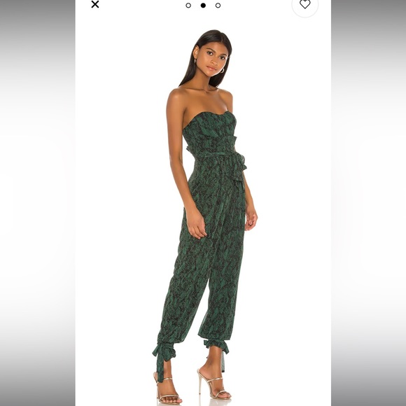 Michael Costello x REVOLVE Gwendolyn Jumpsuit in Green Snake small nwt strapless - Picture 2 of 8